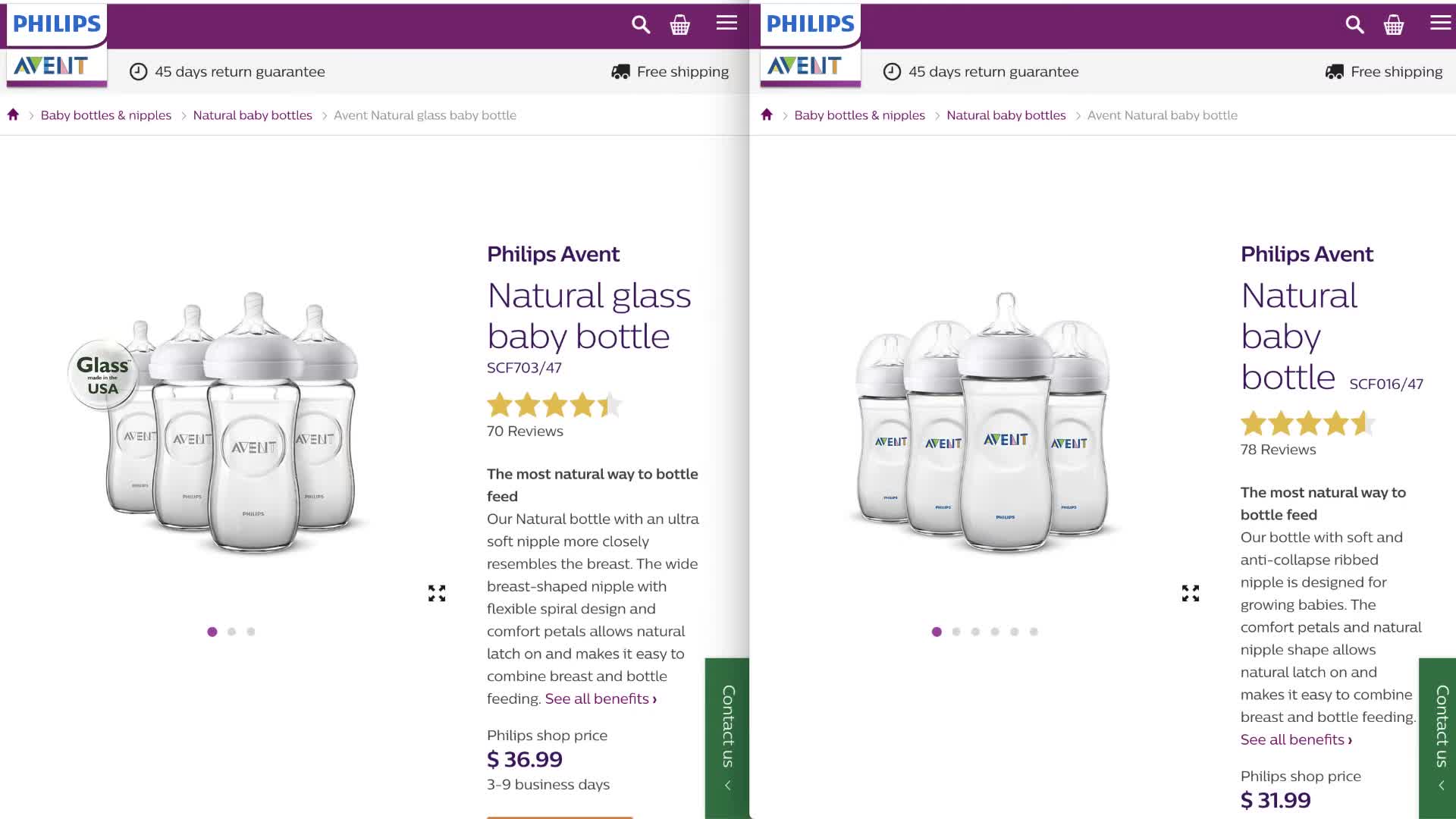 Close-up shot of both glass and plastic Philips AVENT bottles