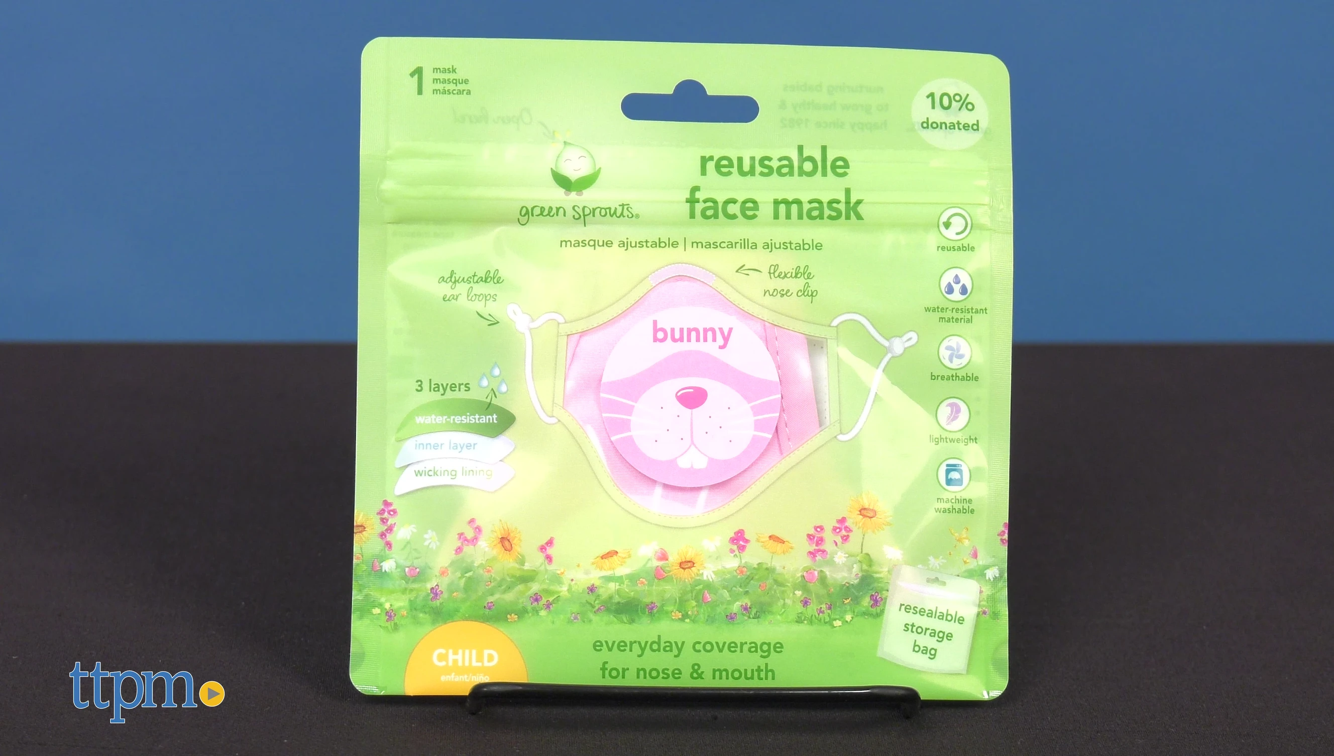 The child's reusable face mask shown.