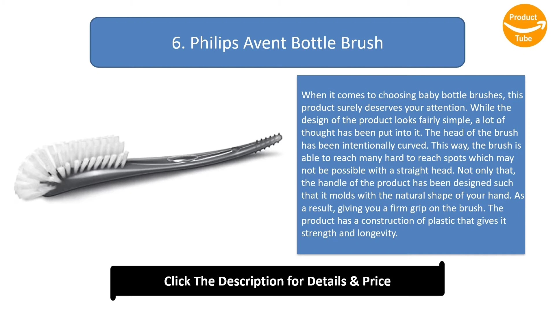 Close up shot highlighting the curved head of the Philips Avent bottle brush