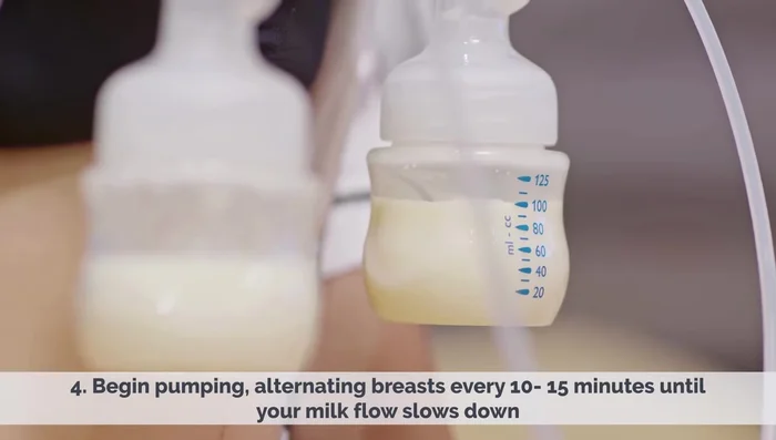 Begin pumping, alternating breasts every 10 to 15 minutes until your milk flow slows down.