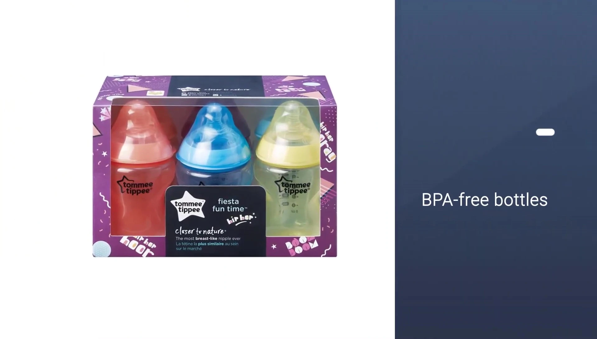 Close-up highlighting the easy-to-read markings on a Tommy Tippee bottle.