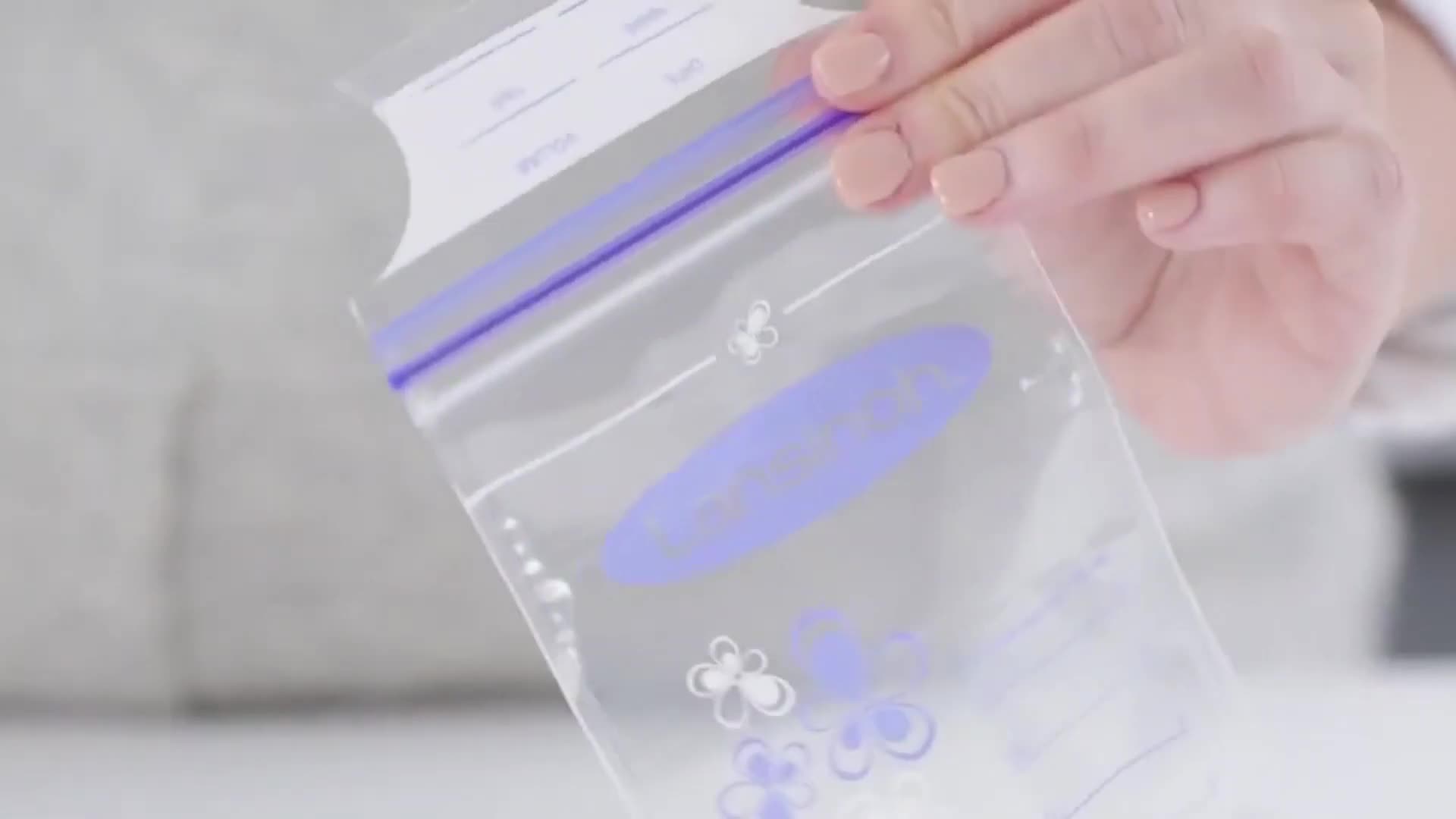 Close-up of a Lansinoh breast milk storage bag.