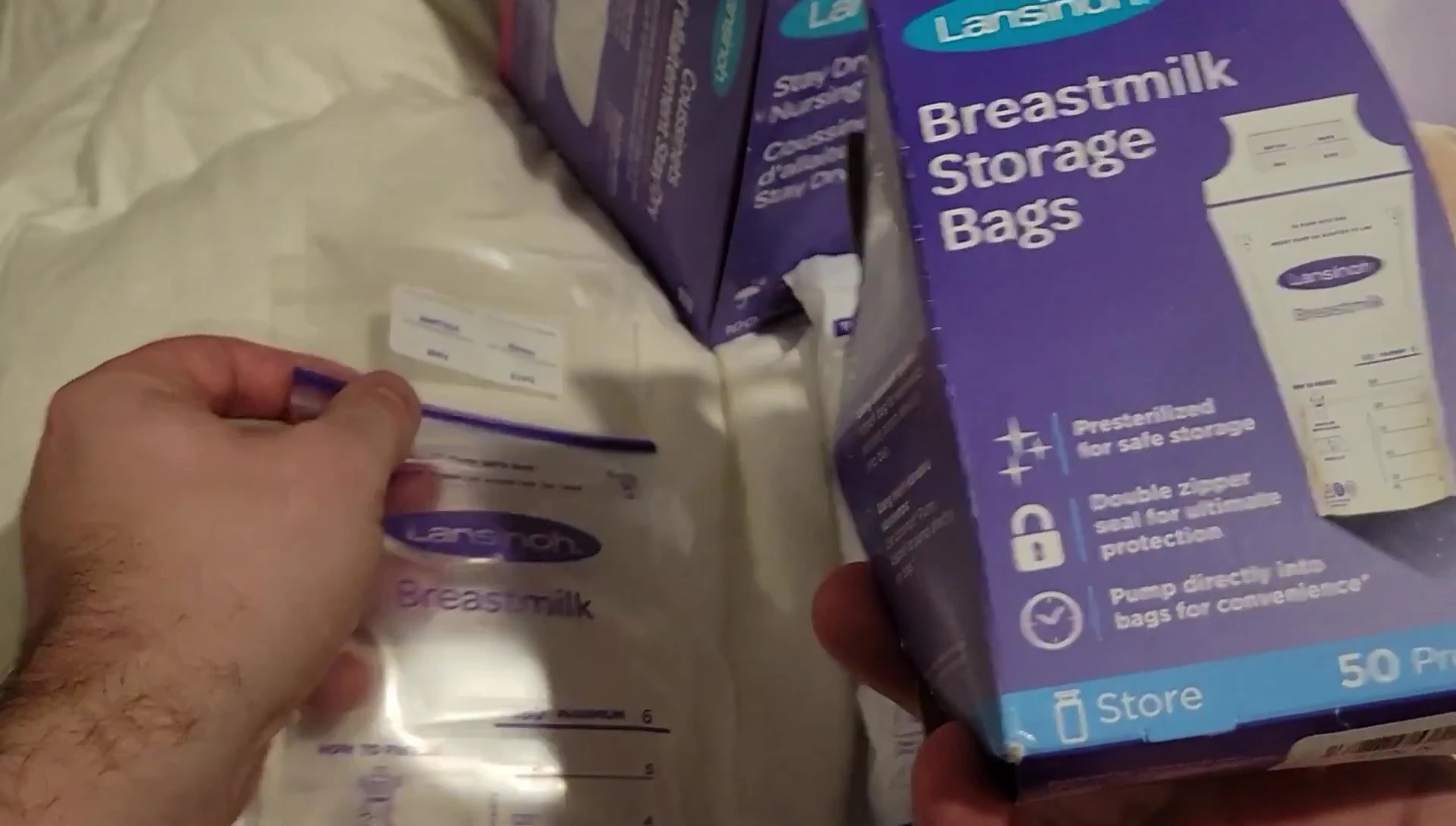 A box of Lansinoh breast milk storage bags.