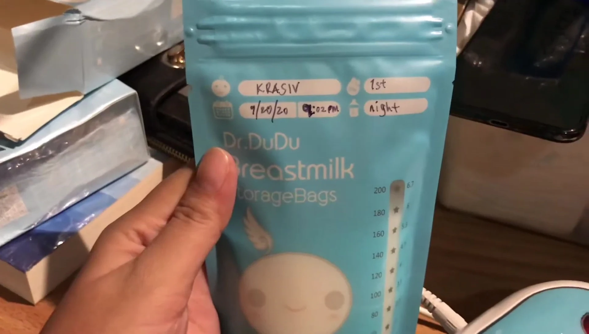 Example of a labeled Dr. Dudu breast milk storage bag.