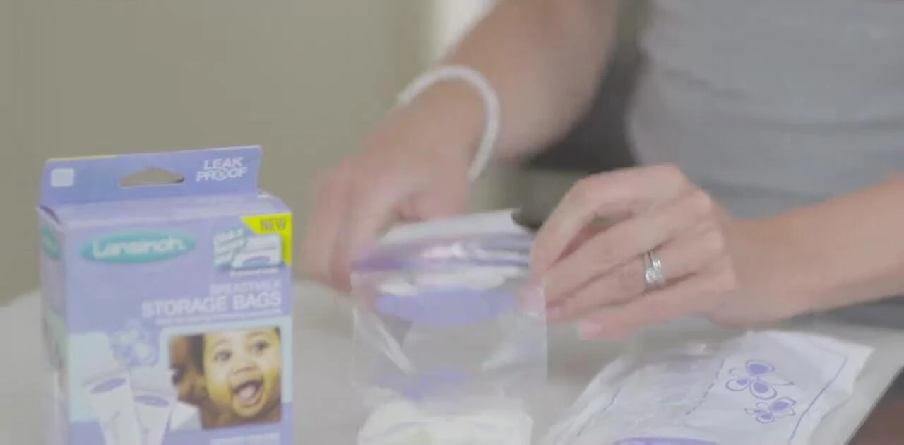 Close-up of the write-on tab on a Lansinoh breast milk storage bag.