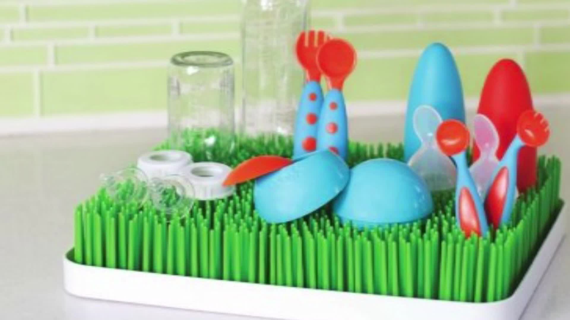 Close-up of the Boon Grass Drying Rack showing its overall design and artificial grass.