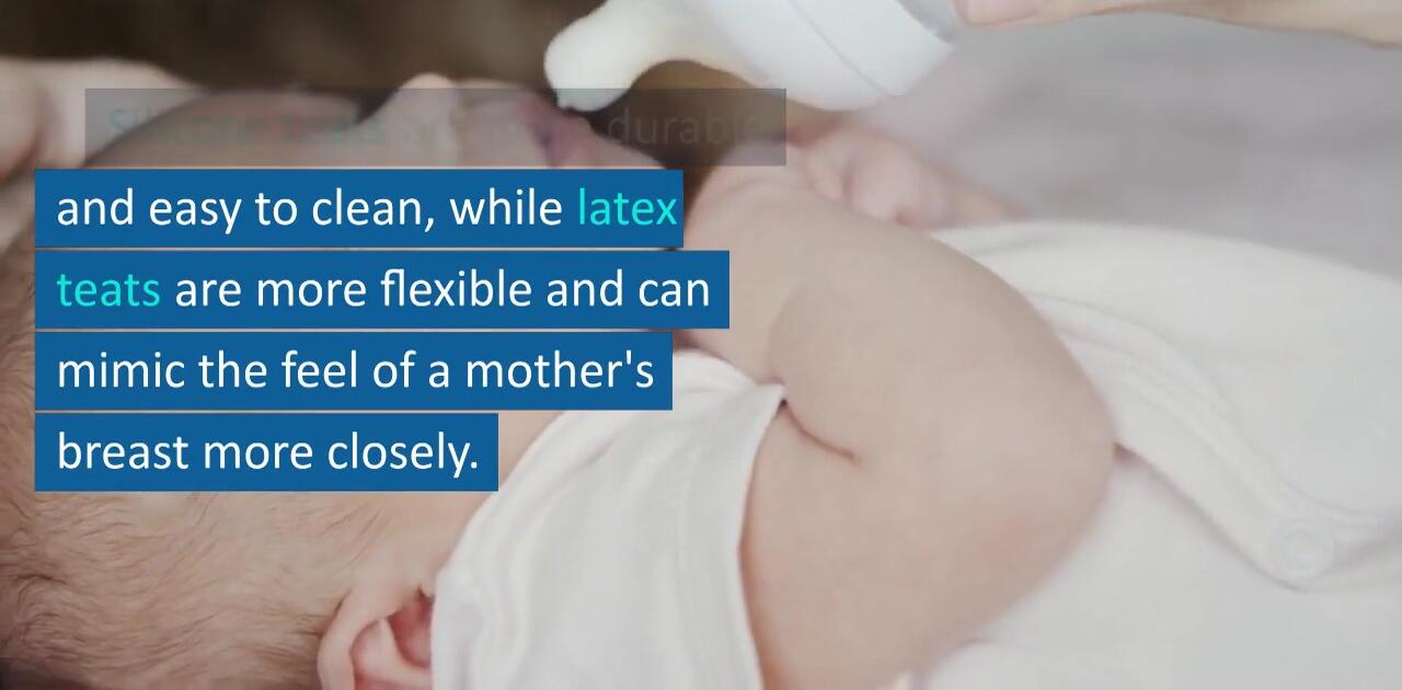 A baby happily feeding from a latex teat, emphasizing the soft texture.